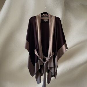 Open-Front Tie-Belt Poncho Cardigan in Dark Brown and Taupe